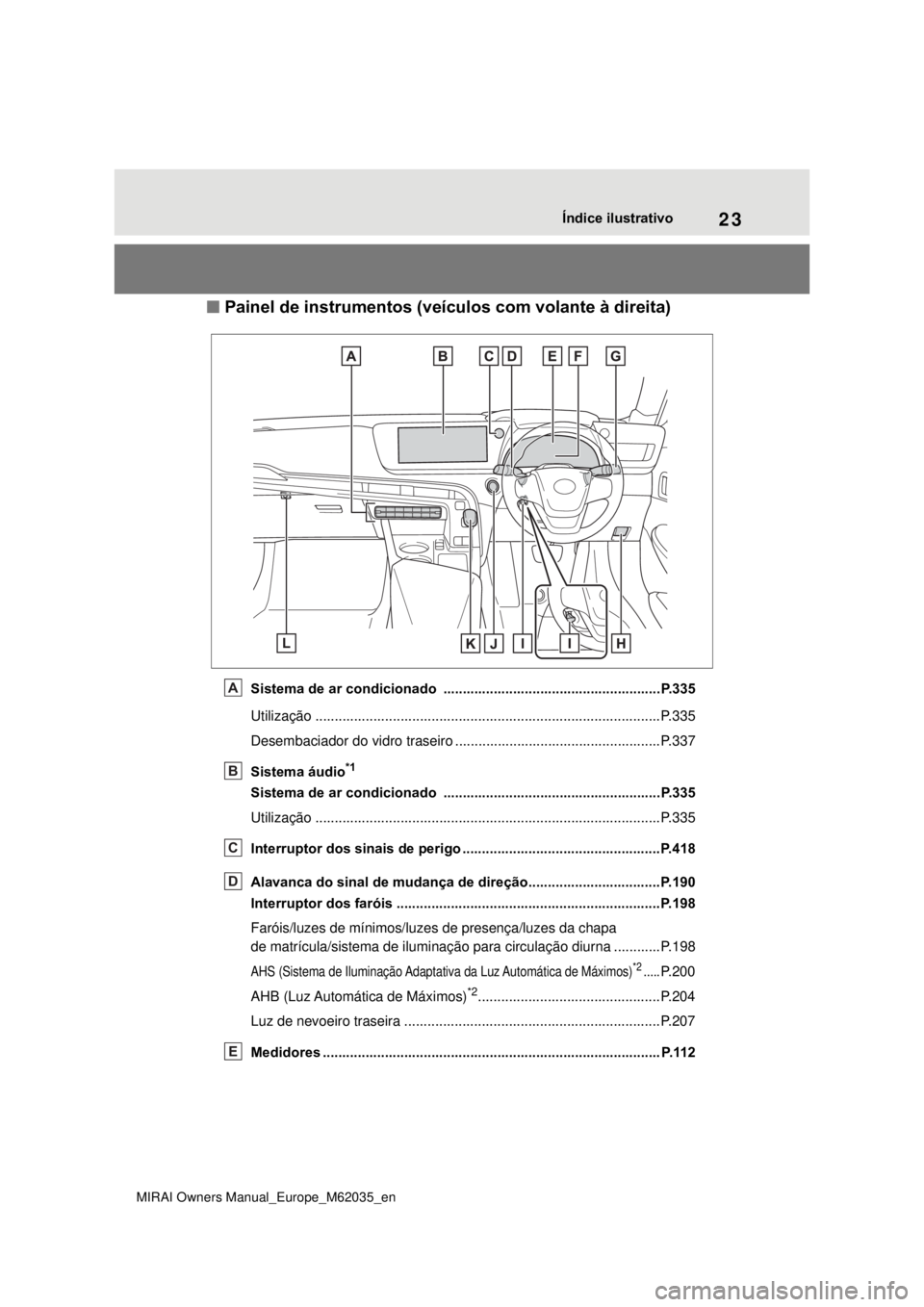 TOYOTA MIRAI 2020 Manual de utilização (in Portuguese) 23
MIRAI Owners Manual_Europe_M62035_en
Índice ilustrativo
Painel de instrumentos (veículos com volante à direita)
Sistema de ar condicionado .................................................. TOYOTA MIRAI 2020 Manual de utilização (in Portuguese) 23
MIRAI Owners Manual_Europe_M62035_en
Índice ilustrativo
Painel de instrumentos (veículos com volante à direita)
Sistema de ar condicionado ..................................................