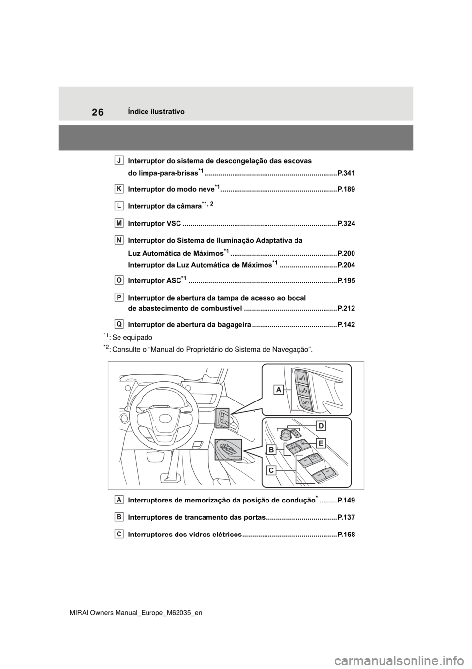 TOYOTA MIRAI 2020 Manual de utilização (in Portuguese) 26
MIRAI Owners Manual_Europe_M62035_en
Índice ilustrativo
Interruptor do sistema de descongelação das escovas
do limpa-para-brisas
*1........................................................... TOYOTA MIRAI 2020 Manual de utilização (in Portuguese) 26
MIRAI Owners Manual_Europe_M62035_en
Índice ilustrativo
Interruptor do sistema de descongelação das escovas
do limpa-para-brisas
*1...........................................................