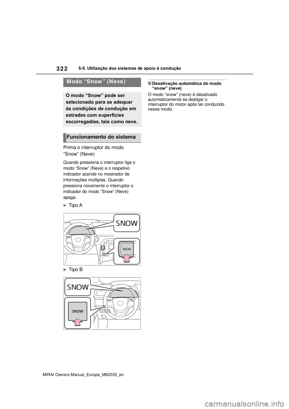 TOYOTA MIRAI 2020 Manual de utilização (in Portuguese) 322
MIRAI Owners Manual_Europe_M62035_en
5-5. Utilização dos sistemas de apoio à condução
Prima o interruptor do modo
“Snow” (Neve)
Quando pressiona o interruptor liga o
modo “Snow” (Ne TOYOTA MIRAI 2020 Manual de utilização (in Portuguese) 322
MIRAI Owners Manual_Europe_M62035_en
5-5. Utilização dos sistemas de apoio à condução
Prima o interruptor do modo
“Snow” (Neve)
Quando pressiona o interruptor liga o
modo “Snow” (Ne