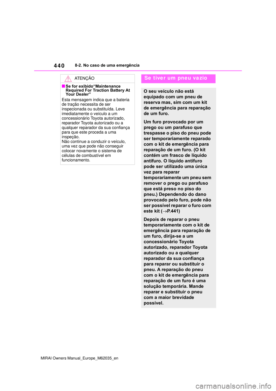 TOYOTA MIRAI 2020 Manual de utilização (in Portuguese) 440
MIRAI Owners Manual_Europe_M62035_en
8-2. No caso de uma emergência
ATENÇÃO
Se for exibido“Maintenance
Required For Traction Battery At
Your Dealer”
Esta mensagem indica que a bateria TOYOTA MIRAI 2020 Manual de utilização (in Portuguese) 440
MIRAI Owners Manual_Europe_M62035_en
8-2. No caso de uma emergência
ATENÇÃO
Se for exibido“Maintenance
Required For Traction Battery At
Your Dealer”
Esta mensagem indica que a bateria