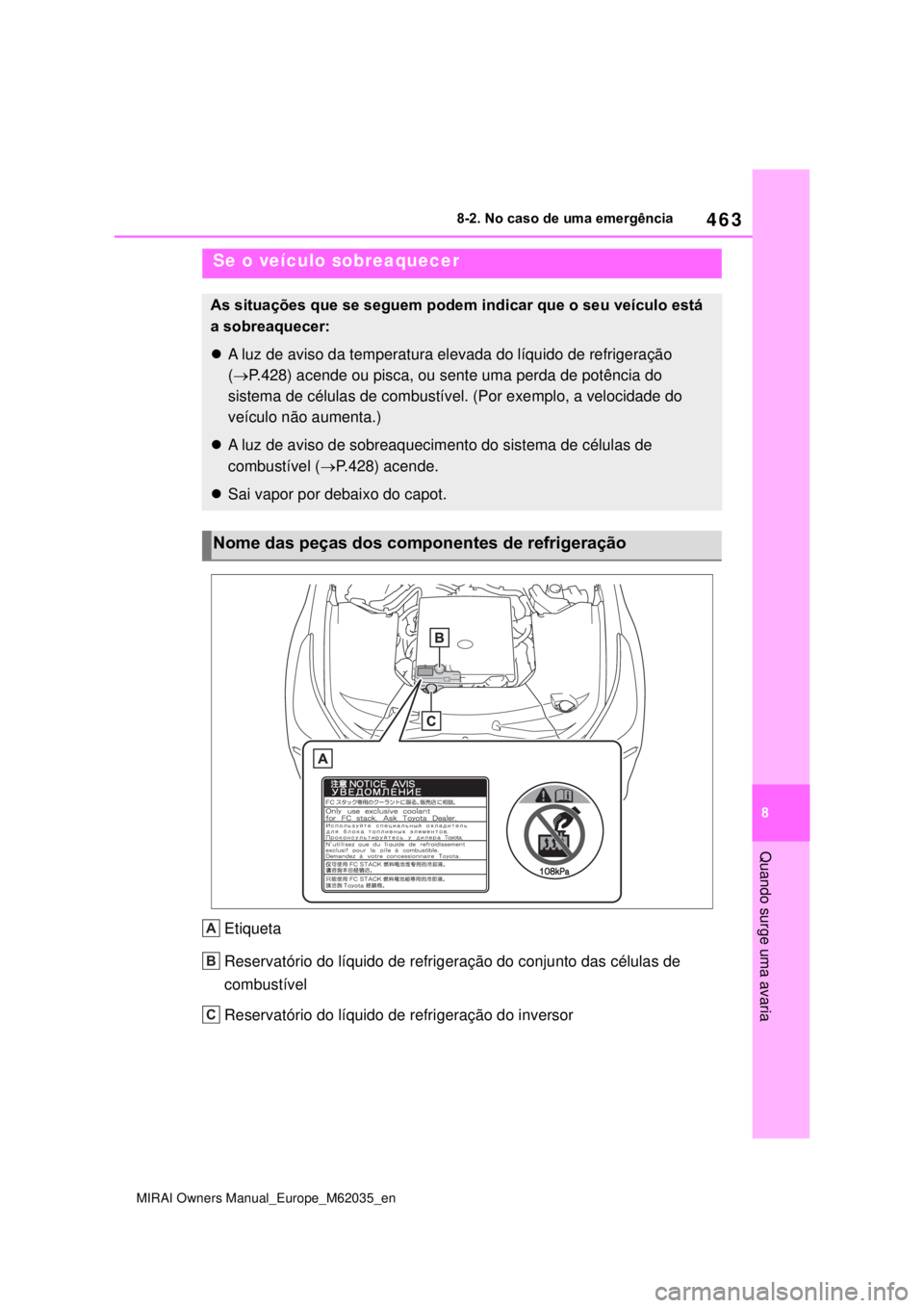 TOYOTA MIRAI 2020 Manual de utilização (in Portuguese) 463
8
MIRAI Owners Manual_Europe_M62035_en
8-2. No caso de uma emergência
Quando surge uma avaria
Etiqueta
Reservatório do líquido de refrigeração do conjunto das células de
combustível
Res TOYOTA MIRAI 2020 Manual de utilização (in Portuguese) 463
8
MIRAI Owners Manual_Europe_M62035_en
8-2. No caso de uma emergência
Quando surge uma avaria
Etiqueta
Reservatório do líquido de refrigeração do conjunto das células de
combustível
Res