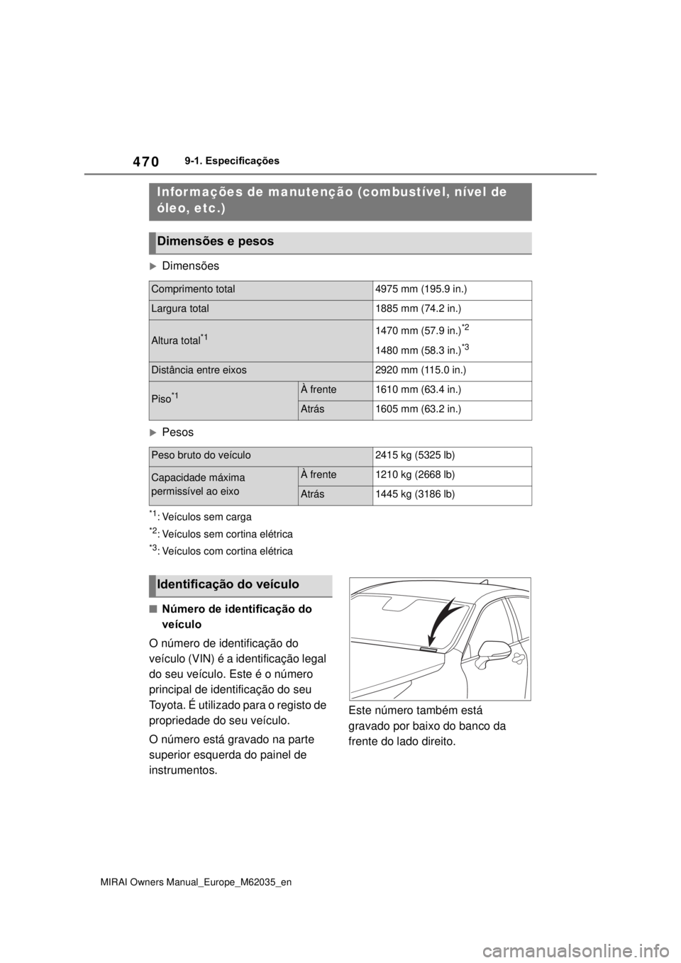 TOYOTA MIRAI 2020 Manual de utilização (in Portuguese) 470
MIRAI Owners Manual_Europe_M62035_en
9-1. Especificações
9-1.Especificações
Dimensões
Pesos
*1: Veículos sem carga
*2: Veículos sem cortina elétrica
*3: Veículos com cortina elétri TOYOTA MIRAI 2020 Manual de utilização (in Portuguese) 470
MIRAI Owners Manual_Europe_M62035_en
9-1. Especificações
9-1.Especificações
Dimensões
Pesos
*1: Veículos sem carga
*2: Veículos sem cortina elétrica
*3: Veículos com cortina elétri