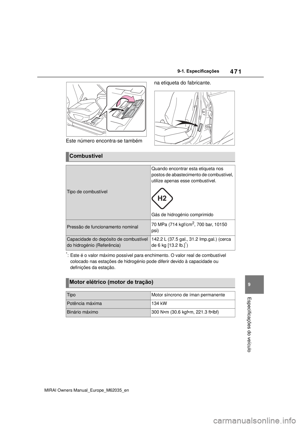 TOYOTA MIRAI 2020 Manual de utilização (in Portuguese) 471
9
MIRAI Owners Manual_Europe_M62035_en
9-1. Especificações
Especificações do veículo
Este número encontra-se também na etiqueta do fabricante.
*: Este é o valor máximo possível para ench TOYOTA MIRAI 2020 Manual de utilização (in Portuguese) 471
9
MIRAI Owners Manual_Europe_M62035_en
9-1. Especificações
Especificações do veículo
Este número encontra-se também na etiqueta do fabricante.
*: Este é o valor máximo possível para ench