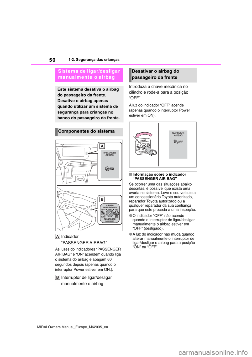 TOYOTA MIRAI 2020 Manual de utilização (in Portuguese) 50
MIRAI Owners Manual_Europe_M62035_en
1-2. Segurança das crianças
1-2.Segurança das crianças
Indicador
“PASSENGER AIRBAG”
As luzes do indicadores “PASSENGER
AIR BAG” e “ON” acen TOYOTA MIRAI 2020 Manual de utilização (in Portuguese) 50
MIRAI Owners Manual_Europe_M62035_en
1-2. Segurança das crianças
1-2.Segurança das crianças
Indicador
“PASSENGER AIRBAG”
As luzes do indicadores “PASSENGER
AIR BAG” e “ON” acen