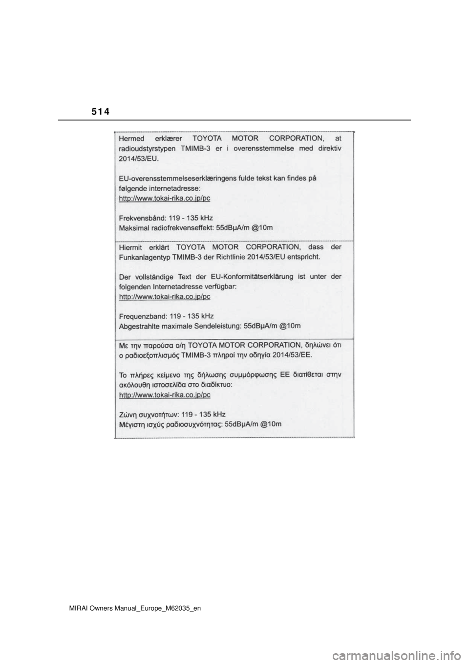 TOYOTA MIRAI 2020 Manual de utilização (in Portuguese) 514
MIRAI Owners Manual_Europe_M62035_en TOYOTA MIRAI 2020 Manual de utilização (in Portuguese) 514
MIRAI Owners Manual_Europe_M62035_en