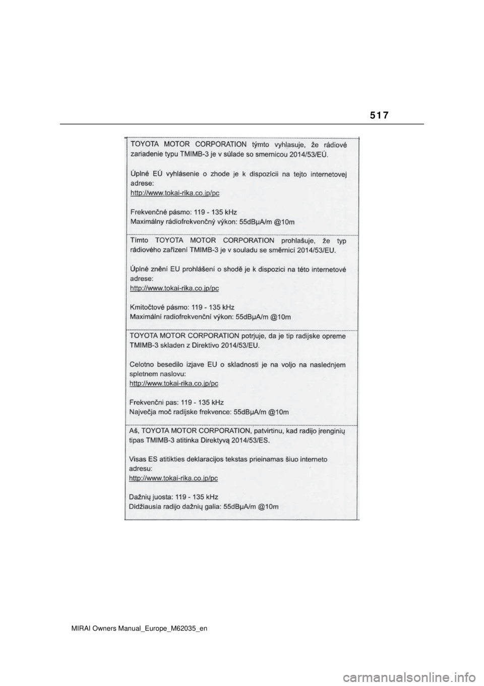 TOYOTA MIRAI 2020 Manual de utilização (in Portuguese) 517
MIRAI Owners Manual_Europe_M62035_en TOYOTA MIRAI 2020 Manual de utilização (in Portuguese) 517
MIRAI Owners Manual_Europe_M62035_en