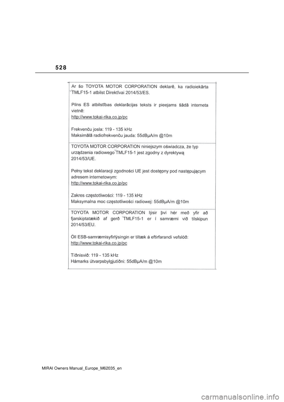 TOYOTA MIRAI 2020 Manual de utilização (in Portuguese) 528
MIRAI Owners Manual_Europe_M62035_en TOYOTA MIRAI 2020 Manual de utilização (in Portuguese) 528
MIRAI Owners Manual_Europe_M62035_en