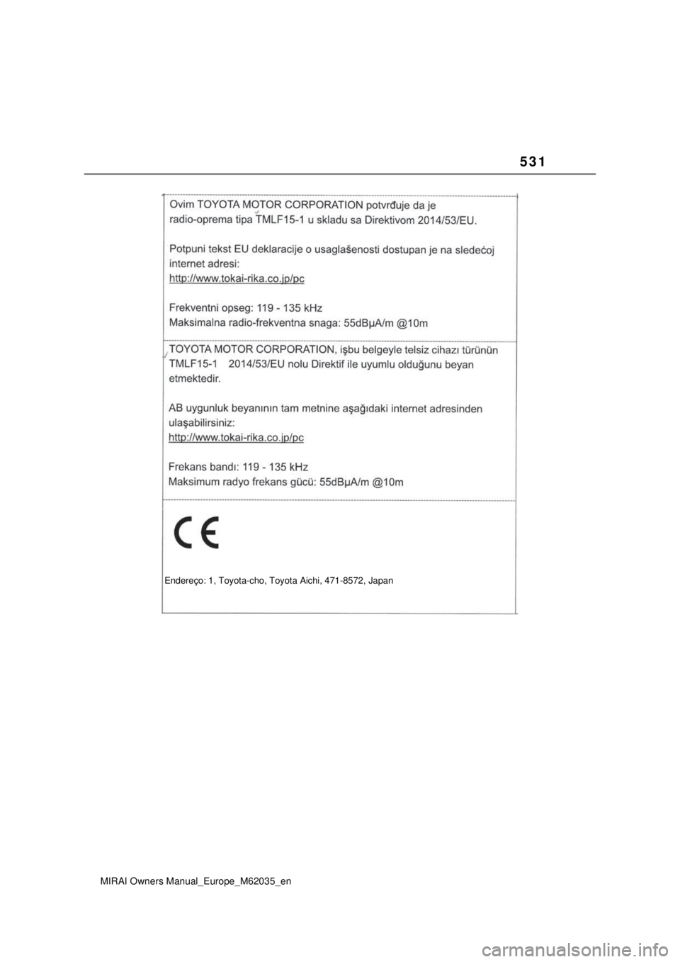 TOYOTA MIRAI 2020 Manual de utilização (in Portuguese) 531
MIRAI Owners Manual_Europe_M62035_en
Endereço: 1, Toyota-cho, Toyota Aichi, 471-8572, Japan TOYOTA MIRAI 2020 Manual de utilização (in Portuguese) 531
MIRAI Owners Manual_Europe_M62035_en
Endereço: 1, Toyota-cho, Toyota Aichi, 471-8572, Japan
