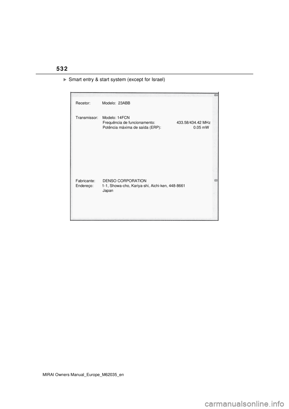 TOYOTA MIRAI 2020 Manual de utilização (in Portuguese) 532
MIRAI Owners Manual_Europe_M62035_en
Smart entry & start system (except for Israel)
Recetor: Modelo: 23ABB
Transmissor: Modelo: 14FCN
Frequência TOYOTA MIRAI 2020 Manual de utilização (in Portuguese) 532
MIRAI Owners Manual_Europe_M62035_en
Smart entry & start system (except for Israel)
Recetor: Modelo: 23ABB
Transmissor: Modelo: 14FCN
Frequência