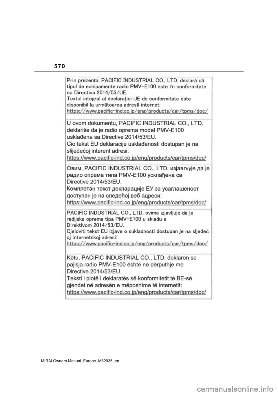 TOYOTA MIRAI 2020 Manual de utilização (in Portuguese) 570
MIRAI Owners Manual_Europe_M62035_en TOYOTA MIRAI 2020 Manual de utilização (in Portuguese) 570
MIRAI Owners Manual_Europe_M62035_en