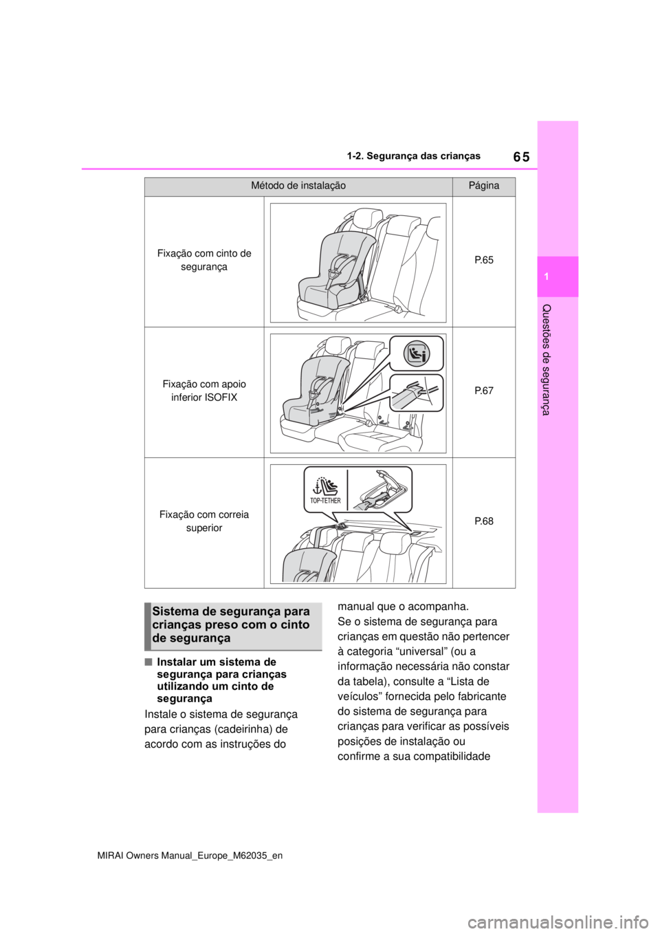 TOYOTA MIRAI 2020 Manual de utilização (in Portuguese) 65
1
MIRAI Owners Manual_Europe_M62035_en
1-2. Segurança das crianças
Questões de segurança
Instalar um sistema de
segurança para crianças
utilizando um cinto de
segurança
Instal TOYOTA MIRAI 2020 Manual de utilização (in Portuguese) 65
1
MIRAI Owners Manual_Europe_M62035_en
1-2. Segurança das crianças
Questões de segurança
Instalar um sistema de
segurança para crianças
utilizando um cinto de
segurança
Instal