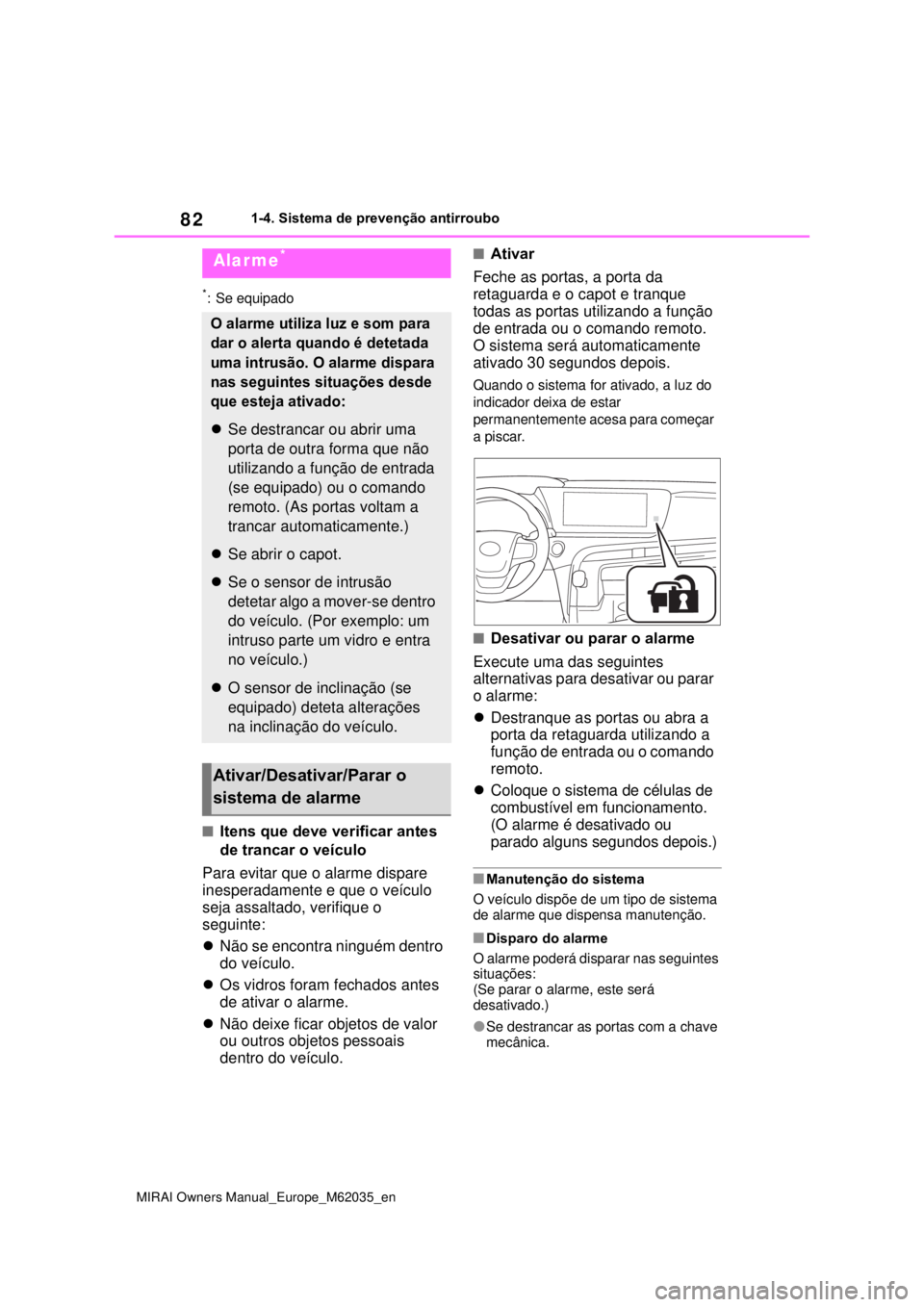 TOYOTA MIRAI 2020  Manual de utilização (in Portuguese) 82
MIRAI Owners Manual_Europe_M62035_en
1-4. Sistema de prevenção antirroubo
*: Se equipado
Itens que deve verificar antes 
de trancar o veículo
Para evitar que o alarme dispare 
inesperadamente