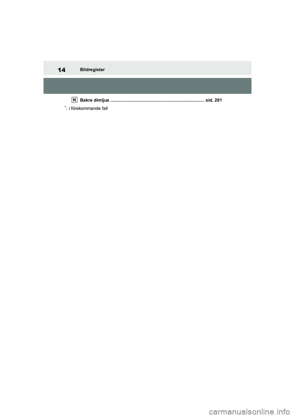 TOYOTA MIRAI 2020  Bruksanvisningar (in Swedish) 14
MIRAI OM62035SE
Bildregister
Bakre dimljus ............................................................................ sid. 201
*: i förekommande fall
N
OM62035SE.book  Page 14  Monday, December 