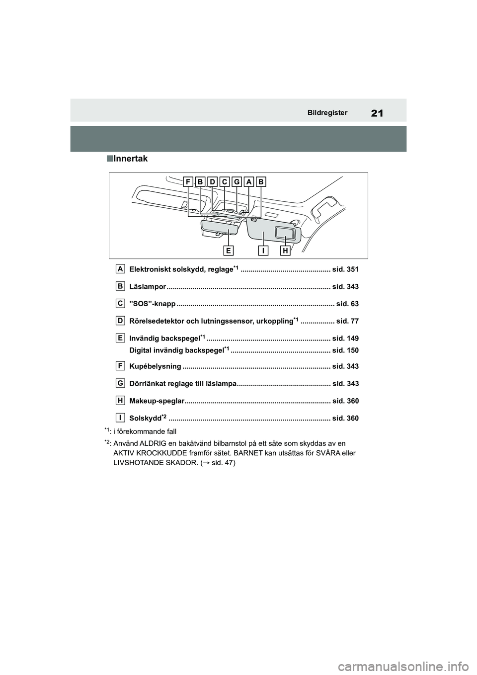 TOYOTA MIRAI 2020 Bruksanvisningar (in Swedish) 21
MIRAI OM62035SE
Bildregister
nInnertak
Elektroniskt solskydd, reglage*1............................................. sid. 351
Läslampor ............................................................ TOYOTA MIRAI 2020 Bruksanvisningar (in Swedish) 21
MIRAI OM62035SE
Bildregister
nInnertak
Elektroniskt solskydd, reglage*1............................................. sid. 351
Läslampor ............................................................