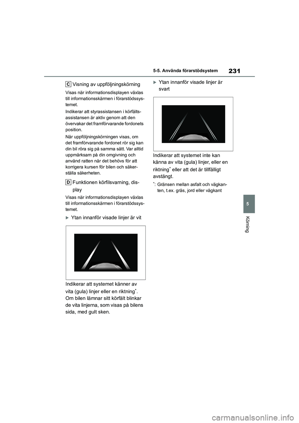 TOYOTA MIRAI 2020  Bruksanvisningar (in Swedish) 231
5
MIRAI OM62035SE
5-5. Använda förarstödsystem
Körning
Visning av uppföljningskörning
Visas när informationsdisplayen växlas 
till informationsskärmen i förarstödssys-
temet.
Indikerar 