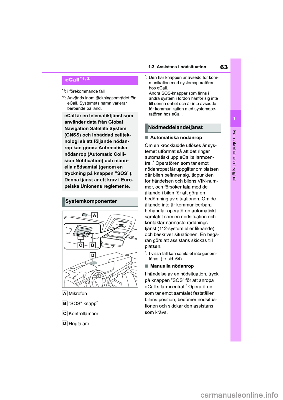 TOYOTA MIRAI 2020 Bruksanvisningar (in Swedish) 63
1
MIRAI OM62035SE
1-3. Assistans i nödsituation
För säkerhet och trygghet
1-3.Assistans i nödsituation
*1: i förekommande fall
*2: Används inom täckningsområdet för eCall. Systemets namn v TOYOTA MIRAI 2020 Bruksanvisningar (in Swedish) 63
1
MIRAI OM62035SE
1-3. Assistans i nödsituation
För säkerhet och trygghet
1-3.Assistans i nödsituation
*1: i förekommande fall
*2: Används inom täckningsområdet för eCall. Systemets namn v