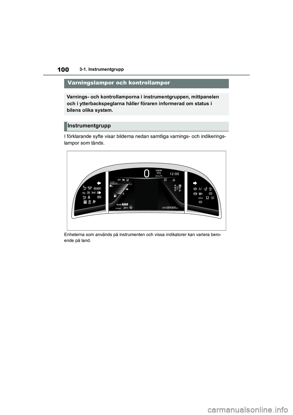 TOYOTA MIRAI 2020 Bruksanvisningar (in Swedish) 100
MIRAI OM62035SE
3-1. Instrumentgrupp
3-1.Instrumentgrupp
I förklarande syfte visar bilderna nedan samtliga varnings- och indikerings-
lampor som tänds.
Enheterna som används på instrumenten oc TOYOTA MIRAI 2020 Bruksanvisningar (in Swedish) 100
MIRAI OM62035SE
3-1. Instrumentgrupp
3-1.Instrumentgrupp
I förklarande syfte visar bilderna nedan samtliga varnings- och indikerings-
lampor som tänds.
Enheterna som används på instrumenten oc