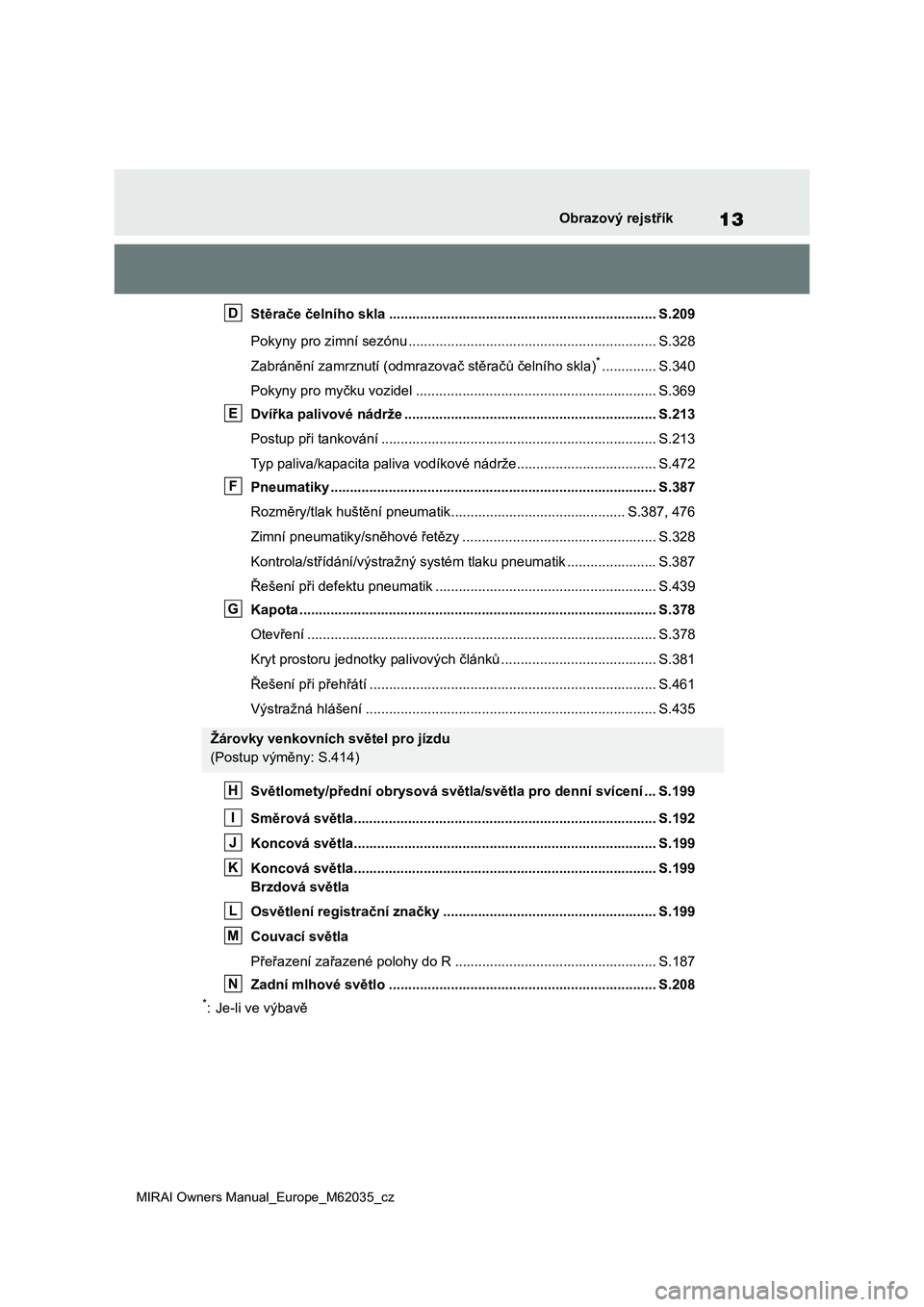 TOYOTA MIRAI 2020 Návod na použití (in Czech) 13
MIRAI Owners Manual_Europe_M62035_cz
Obrazový rejstřík
Stěrače čelního skla ..................................................................... S.209
Pokyny pro zimní sezónu ........... TOYOTA MIRAI 2020 Návod na použití (in Czech) 13
MIRAI Owners Manual_Europe_M62035_cz
Obrazový rejstřík
Stěrače čelního skla ..................................................................... S.209
Pokyny pro zimní sezónu ...........