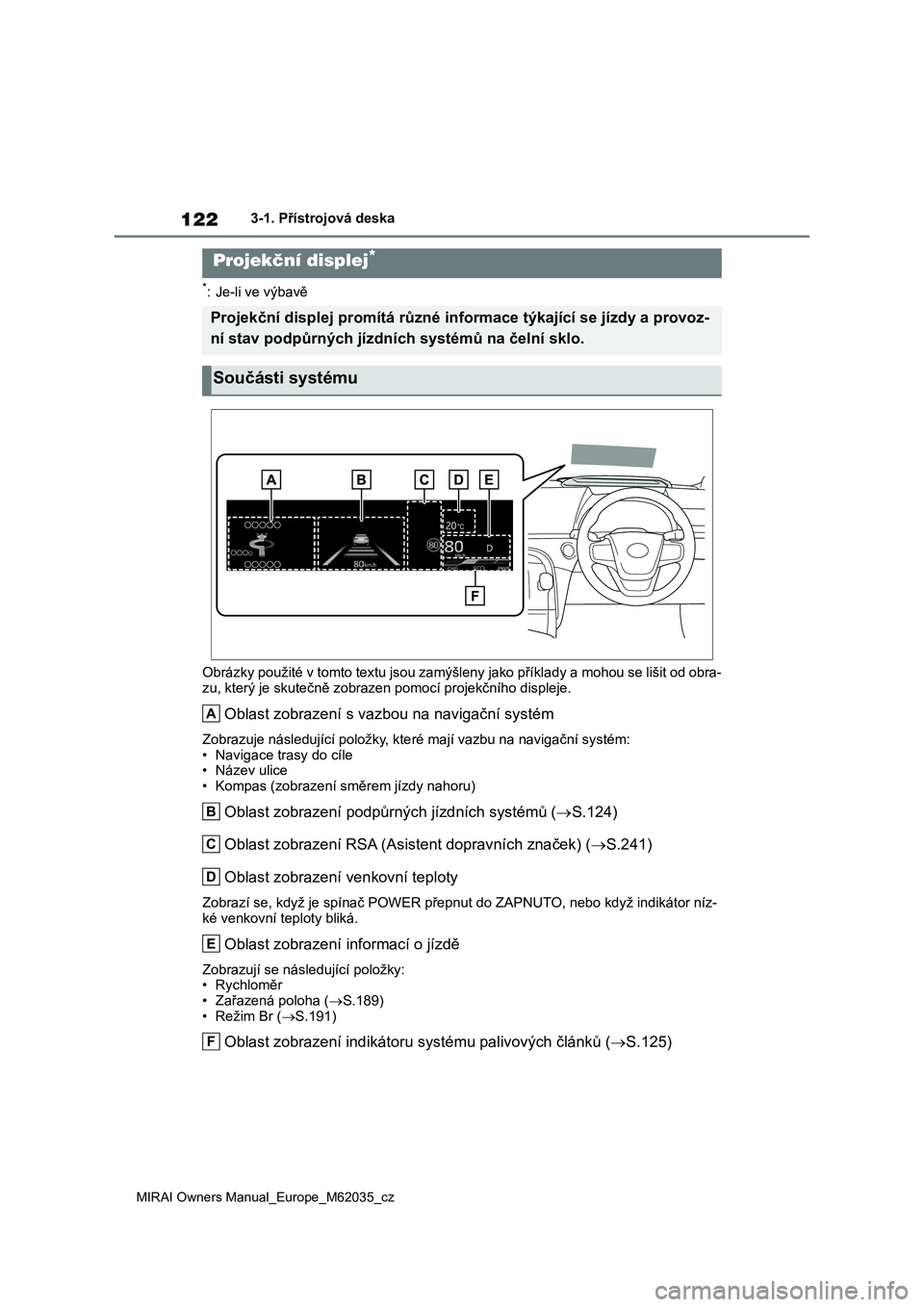 TOYOTA MIRAI 2020  Návod na použití (in Czech) 122
MIRAI Owners Manual_Europe_M62035_cz
3-1. Přístrojová deska
*: Je-li ve výbavě 
Obrázky použité v tomto textu js ou zamýšleny jako příklady a mohou se lišit od obra- 
zu, který je sk