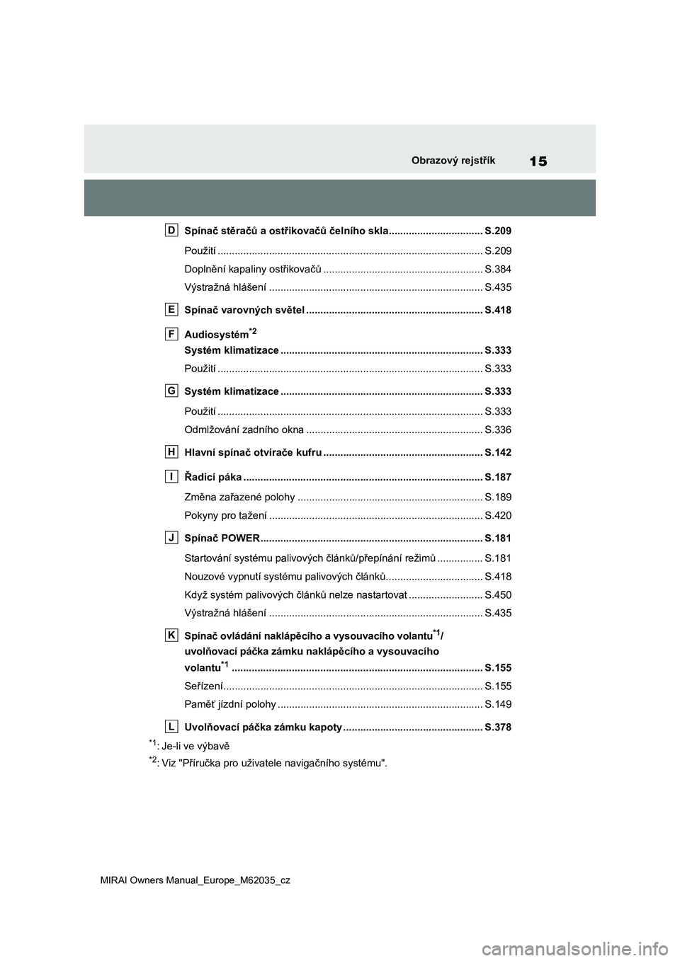 TOYOTA MIRAI 2020 Návod na použití (in Czech) 15
MIRAI Owners Manual_Europe_M62035_cz
Obrazový rejstřík
Spínač stěračů a ostřikovačů čelního skla................................. S.209
Použití ..................................... TOYOTA MIRAI 2020 Návod na použití (in Czech) 15
MIRAI Owners Manual_Europe_M62035_cz
Obrazový rejstřík
Spínač stěračů a ostřikovačů čelního skla................................. S.209
Použití .....................................
