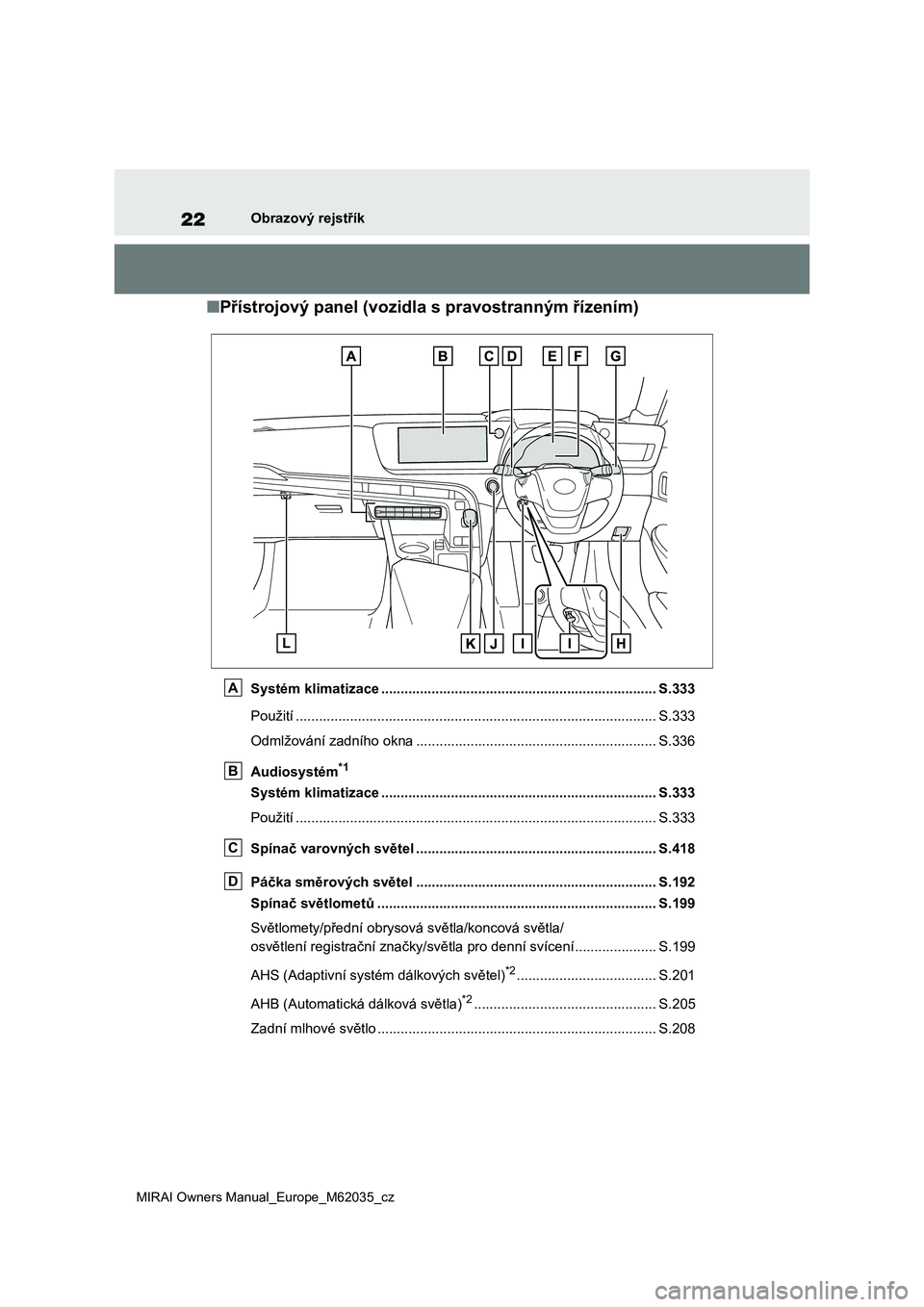 TOYOTA MIRAI 2020 Návod na použití (in Czech) 22
MIRAI Owners Manual_Europe_M62035_cz
Obrazový rejstřík
■Přístrojový panel (vozidla s pravostranným řízením)
Systém klimatizace ......................................................... TOYOTA MIRAI 2020 Návod na použití (in Czech) 22
MIRAI Owners Manual_Europe_M62035_cz
Obrazový rejstřík
■Přístrojový panel (vozidla s pravostranným řízením)
Systém klimatizace .........................................................