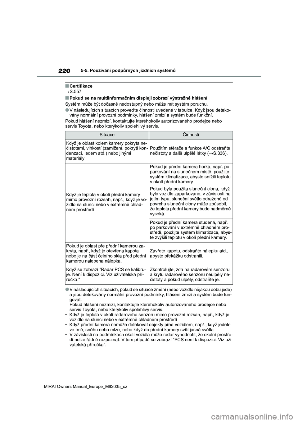 TOYOTA MIRAI 2020 Návod na použití (in Czech) 220
MIRAI Owners Manual_Europe_M62035_cz
5-5. Používání podpůrných jízdních systémů
■Certifikace
S.557
■Pokud se na multiinformačním displeji zobrazí výstražné hlášení
Systé TOYOTA MIRAI 2020 Návod na použití (in Czech) 220
MIRAI Owners Manual_Europe_M62035_cz
5-5. Používání podpůrných jízdních systémů
■Certifikace
S.557
■Pokud se na multiinformačním displeji zobrazí výstražné hlášení
Systé