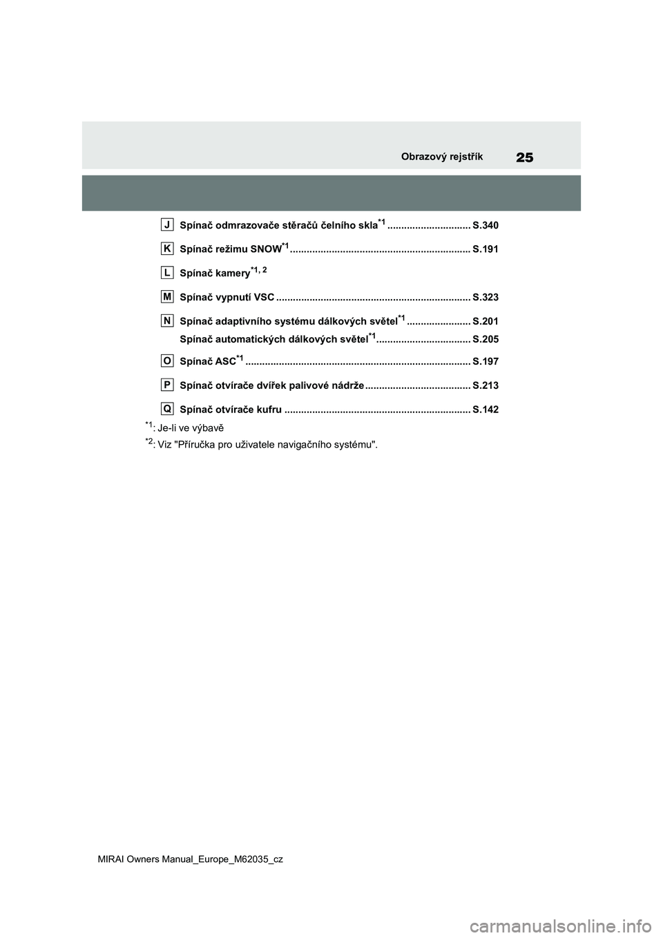 TOYOTA MIRAI 2020 Návod na použití (in Czech) 25
MIRAI Owners Manual_Europe_M62035_cz
Obrazový rejstřík
Spínač odmrazovače stěračů čelního skla*1.............................. S.340
Spínač reži mu SNOW*1............................ TOYOTA MIRAI 2020 Návod na použití (in Czech) 25
MIRAI Owners Manual_Europe_M62035_cz
Obrazový rejstřík
Spínač odmrazovače stěračů čelního skla*1.............................. S.340
Spínač reži mu SNOW*1............................