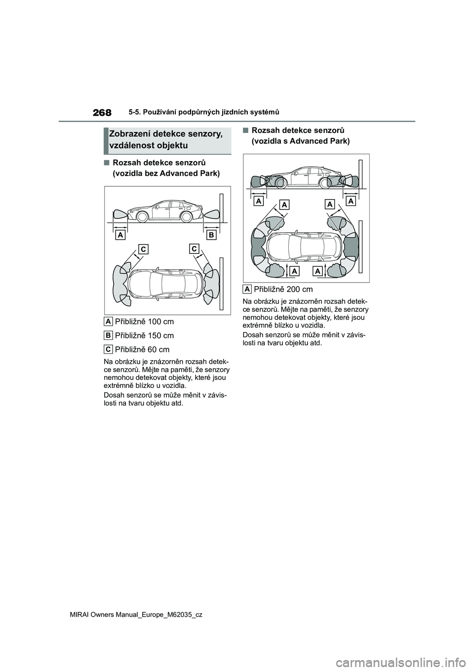 TOYOTA MIRAI 2020 Návod na použití (in Czech) 268
MIRAI Owners Manual_Europe_M62035_cz
5-5. Používání podpůrných jízdních systémů
■Rozsah detekce senzorů
(vozidla bez Advanced Park)
Přibližně 100 cm
Přibližně 150 cm
Přibli TOYOTA MIRAI 2020 Návod na použití (in Czech) 268
MIRAI Owners Manual_Europe_M62035_cz
5-5. Používání podpůrných jízdních systémů
■Rozsah detekce senzorů
(vozidla bez Advanced Park)
Přibližně 100 cm
Přibližně 150 cm
Přibli