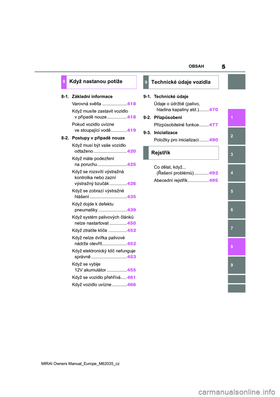 TOYOTA MIRAI 2020  Návod na použití (in Czech) 5
MIRAI Owners Manual_Europe_M62035_cz
OBSAH
1
6 5
4
3
2
7
8
9
8-1. Základní informace
Varovná světla ....................418
Když musíte zastavit vozidlo 
v případě nouze ................418