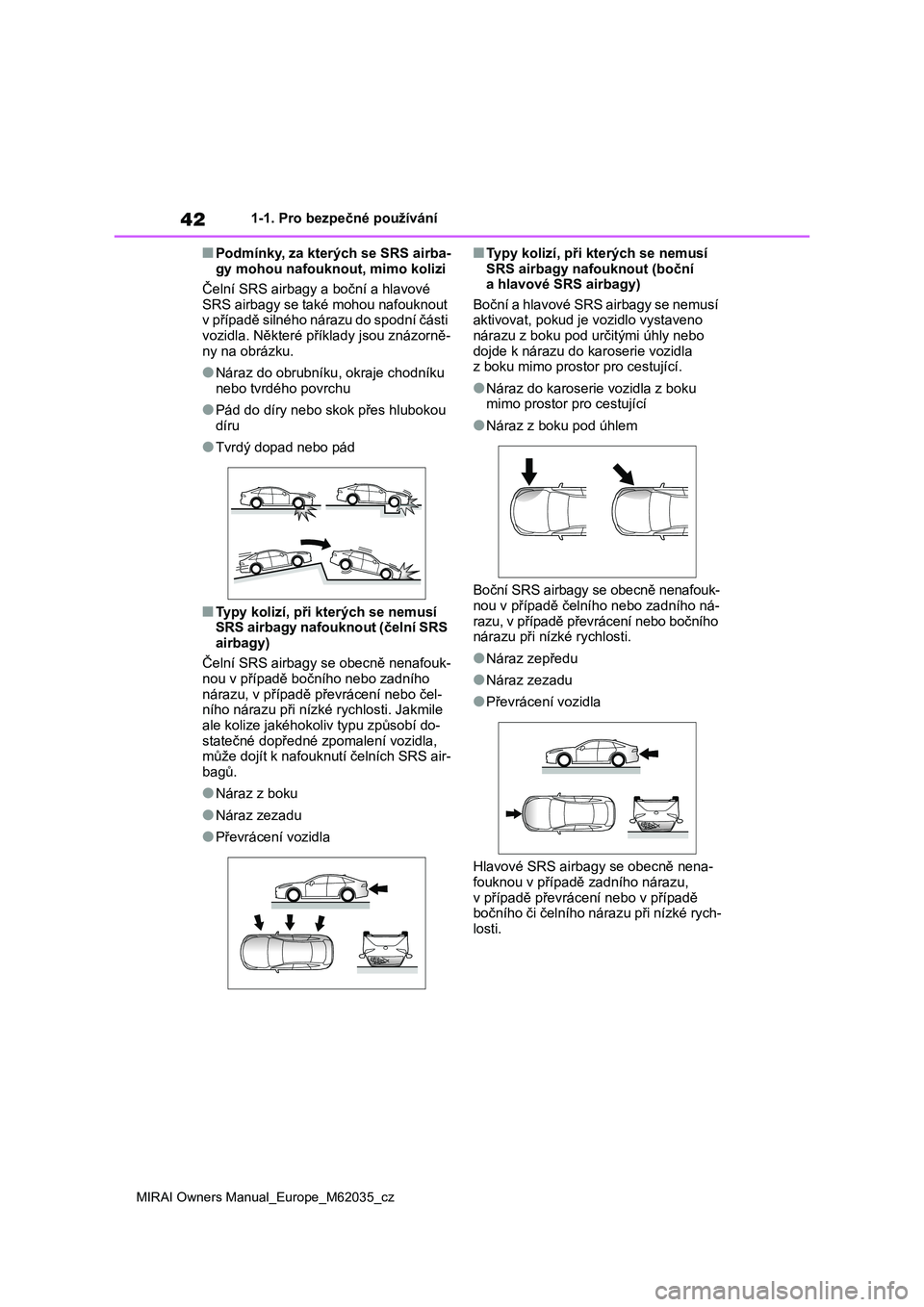 TOYOTA MIRAI 2020  Návod na použití (in Czech) 42
MIRAI Owners Manual_Europe_M62035_cz
1-1. Pro bezpečné používání
■Podmínky, za kterých se SRS airba- 
gy mohou nafouknout, mimo kolizi 
Čelní SRS airbagy a boční a hlavové  
SRS airb