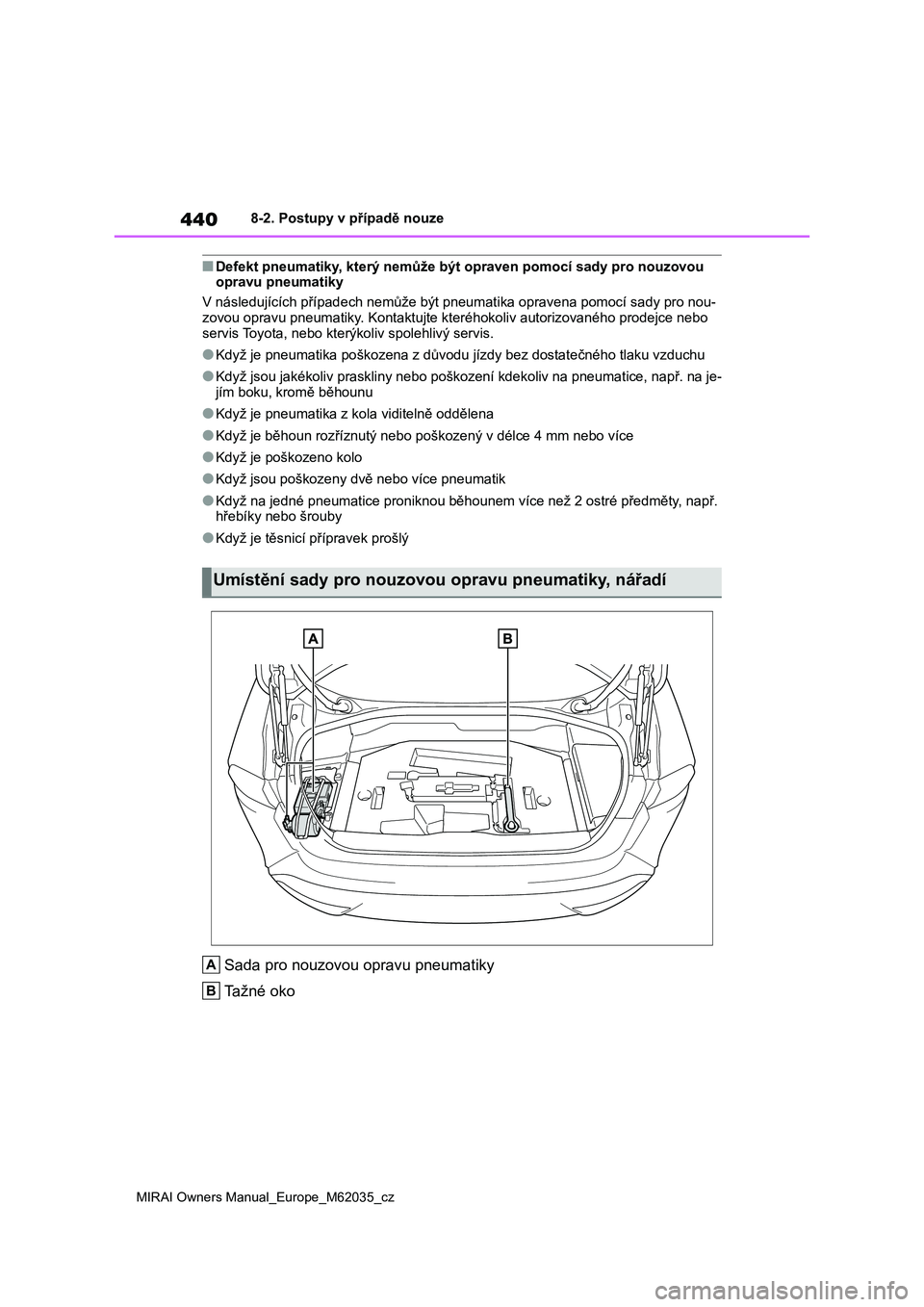 TOYOTA MIRAI 2020  Návod na použití (in Czech) 440
MIRAI Owners Manual_Europe_M62035_cz
8-2. Postupy v případě nouze
■Defekt pneumatiky, který nemůže být opraven pomocí sady pro nouzovou  opravu pneumatiky 
V následujících případ ec