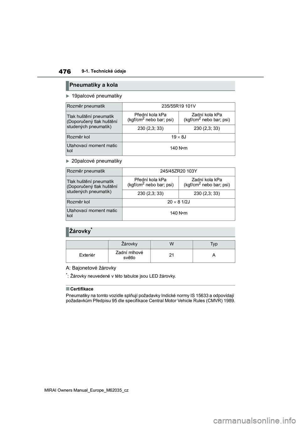 TOYOTA MIRAI 2020 Návod na použití (in Czech) 476
MIRAI Owners Manual_Europe_M62035_cz
9-1. Technické údaje
19palcové pneumatiky
20palcové pneumatiky
A: Bajonetové žárovky
*: Žárovky neuvedené v této tabulce jsou LED žárovky.
TOYOTA MIRAI 2020 Návod na použití (in Czech) 476
MIRAI Owners Manual_Europe_M62035_cz
9-1. Technické údaje
19palcové pneumatiky
20palcové pneumatiky
A: Bajonetové žárovky
*: Žárovky neuvedené v této tabulce jsou LED žárovky.