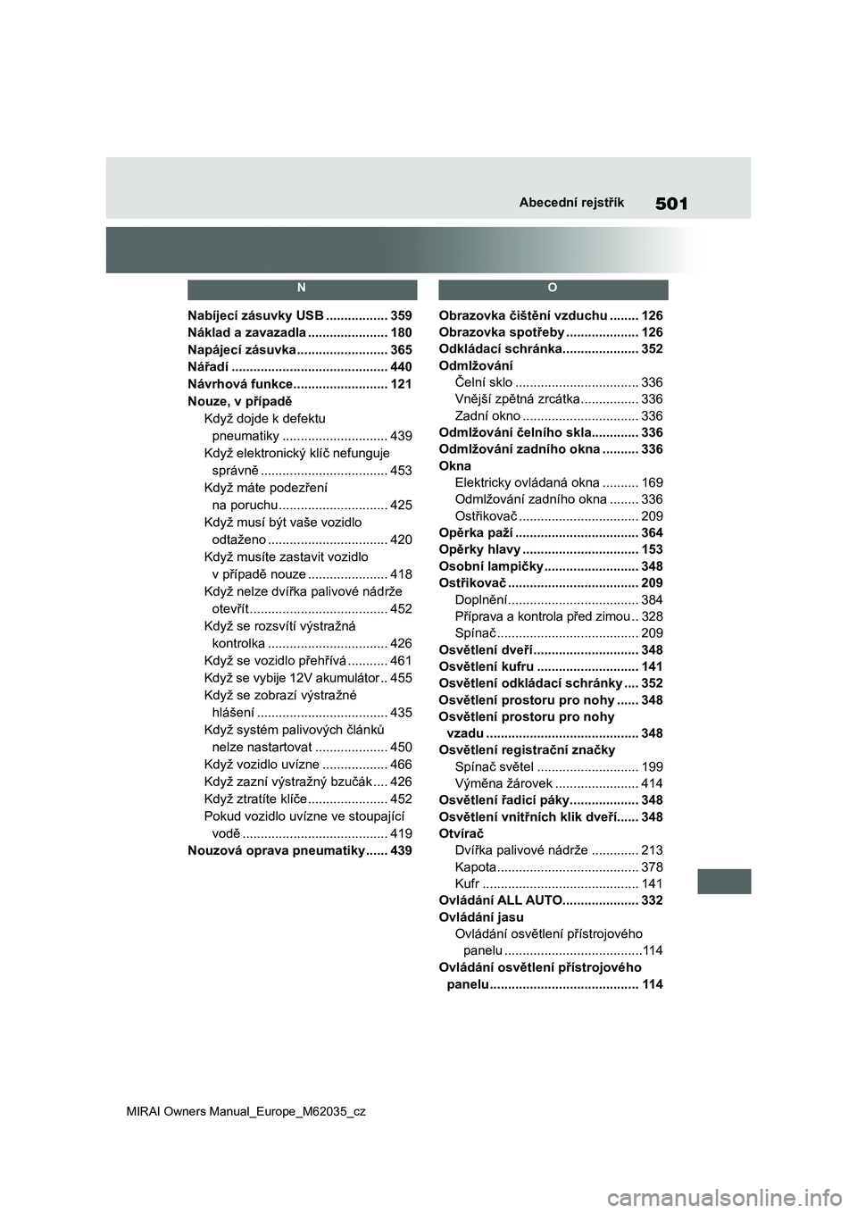 TOYOTA MIRAI 2020 Návod na použití (in Czech) 501
MIRAI Owners Manual_Europe_M62035_cz
Abecední rejstřík
N
Nabíjecí zásuvky USB .................359
Náklad a zavazadla ......................180
Napájecí zásuvka ....................... TOYOTA MIRAI 2020 Návod na použití (in Czech) 501
MIRAI Owners Manual_Europe_M62035_cz
Abecední rejstřík
N
Nabíjecí zásuvky USB .................359
Náklad a zavazadla ......................180
Napájecí zásuvka .......................
