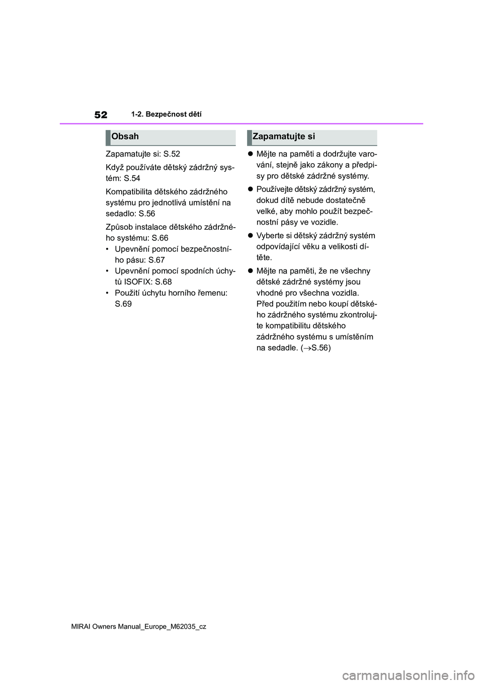 TOYOTA MIRAI 2020  Návod na použití (in Czech) 52
MIRAI Owners Manual_Europe_M62035_cz
1-2. Bezpečnost dětí
Zapamatujte si: S.52
Když používáte dětský zádržný sys-
tém: S.54
Kompatibilita dětského zádržného 
systému pro jednotli
