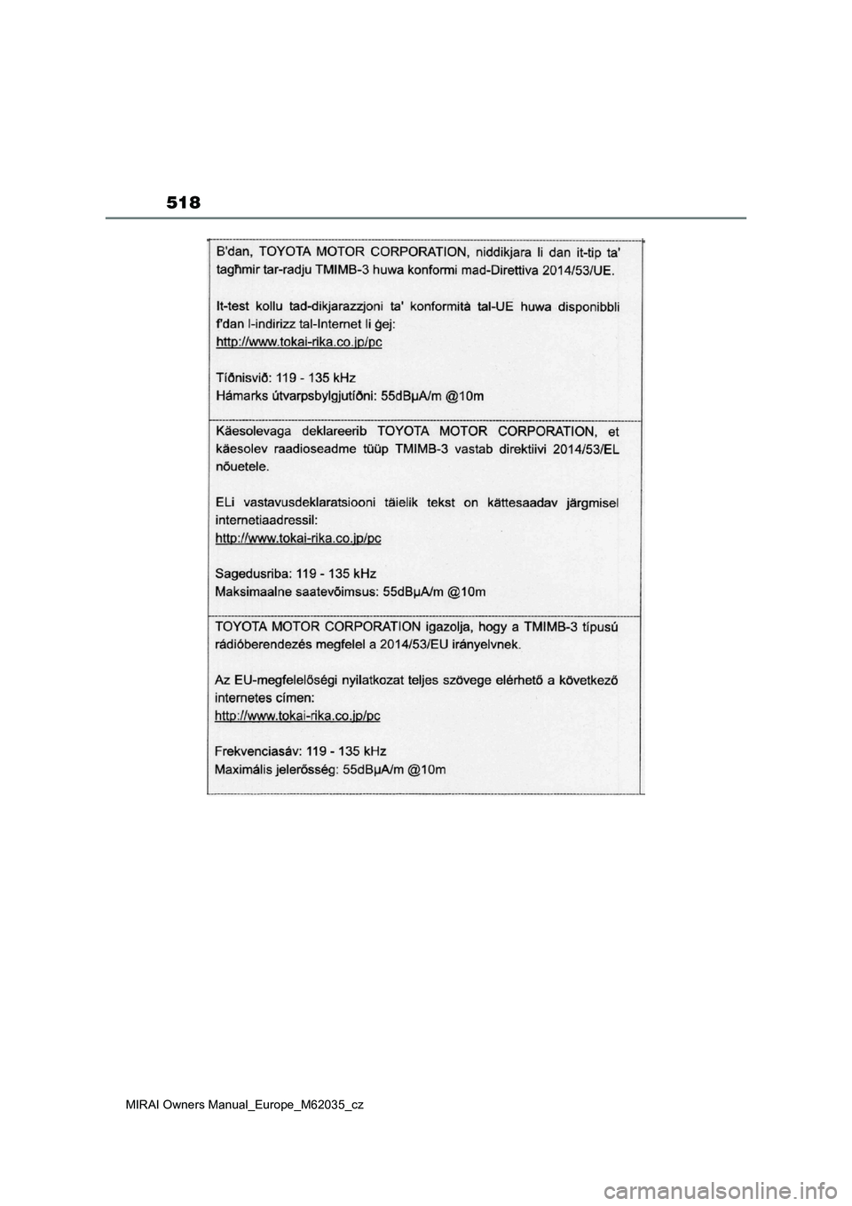 TOYOTA MIRAI 2020 Návod na použití (in Czech) 518
MIRAI Owners Manual_Europe_M62035_cz TOYOTA MIRAI 2020 Návod na použití (in Czech) 518
MIRAI Owners Manual_Europe_M62035_cz