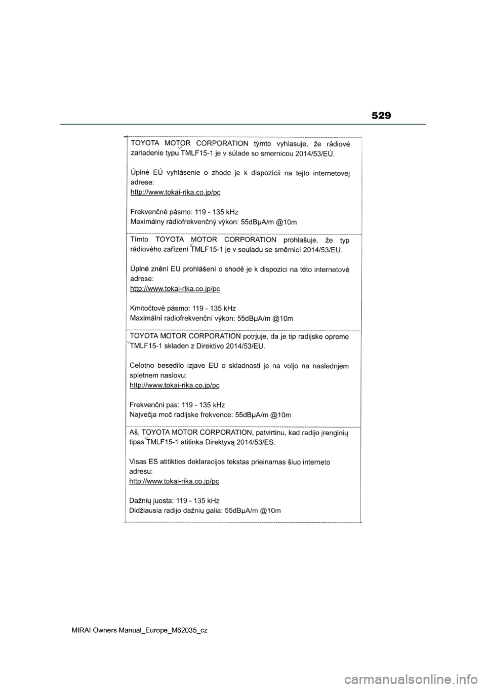 TOYOTA MIRAI 2020 Návod na použití (in Czech) 529
MIRAI Owners Manual_Europe_M62035_cz TOYOTA MIRAI 2020 Návod na použití (in Czech) 529
MIRAI Owners Manual_Europe_M62035_cz