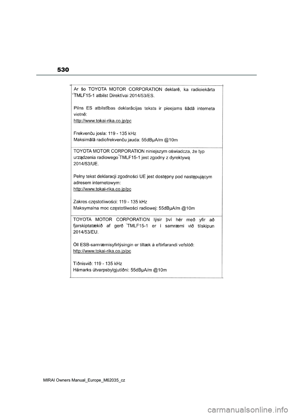TOYOTA MIRAI 2020 Návod na použití (in Czech) 530
MIRAI Owners Manual_Europe_M62035_cz TOYOTA MIRAI 2020 Návod na použití (in Czech) 530
MIRAI Owners Manual_Europe_M62035_cz