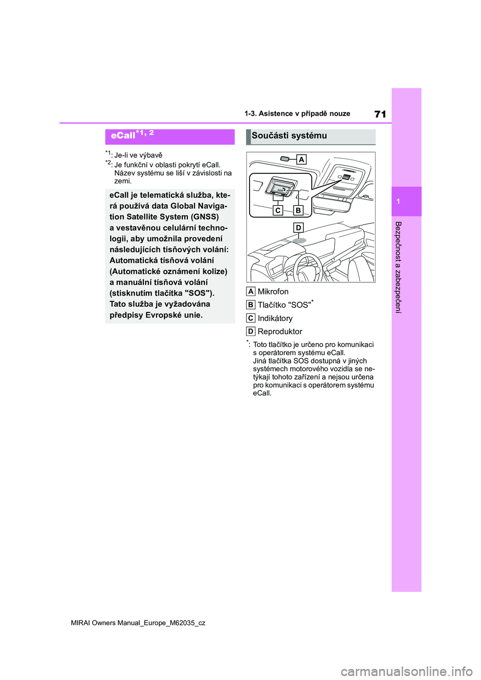 TOYOTA MIRAI 2020  Návod na použití (in Czech) 71
1
MIRAI Owners Manual_Europe_M62035_cz
1-3. Asistence v případě nouze
Bezpečnost a zabezpečení
1-3.Asistence v případě nouze
*1: Je-li ve výbavě*2: Je funkční v oblasti pokrytí eCall.