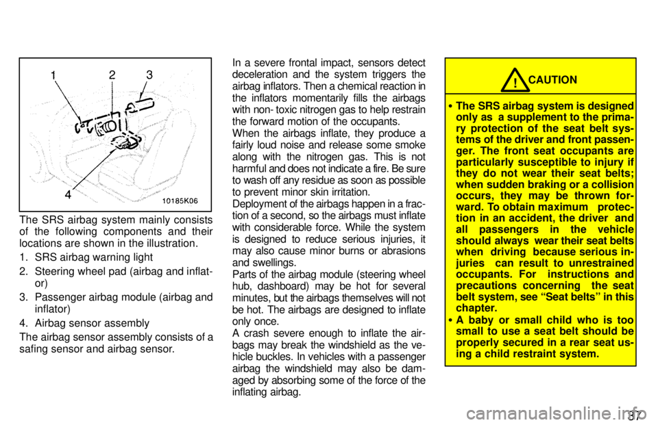 TOYOTA PASEO 1997 Owners Guide 37
The SRS airbag system mainly consists 
of the following components and their 
locations are shown in the illustration. 
1. SRS airbag warning light 
2. Steering wheel pad (airbag and inflat-or)
3. 