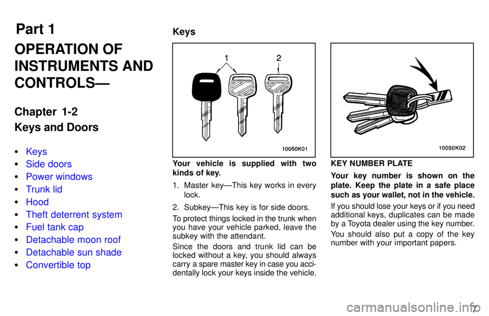 TOYOTA PASEO 1997  Owners Manual Part 1Keys
7
OPERATION OF INSTRUMENTS ANDCONTROLSÐ 
Chapter 1-2 Keys and Doors �
Keys
�Side doors
�Power windows
�Trunk lid
�Hood
�Theft deterrent system
�Fuel tank cap
�Detachable moon roof
�Detacha