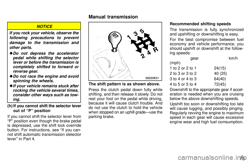 TOYOTA PASEO 1997 Manual PDF 75
NOTICE
If you rock your vehicle, observe the following  precautions to prevent
damage to the transmission andother parts.
�Do not depress the acceleratorpedal while shifting the selectorlever or  b