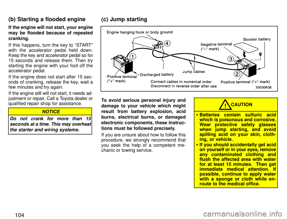 TOYOTA PASEO 1996  Owners Manual 104
If the engine will not start, your engine 
may be flooded because of repeated cranking. 
If this happens, turn the key to STARTº with the accelerator pedal held down. 
Keep 
the key and accelera