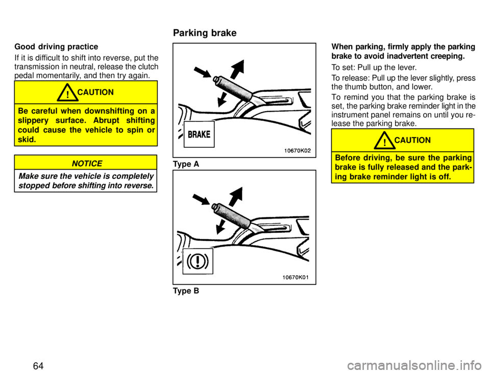 TOYOTA PASEO 1996 Repair Manual 64
Good  driving practice 
If it is difficult to shift into reverse, put the 
transmission in 
neutral, release the clutch
pedal momentarily, and then try again.
Be careful when downshifting on a 
sli