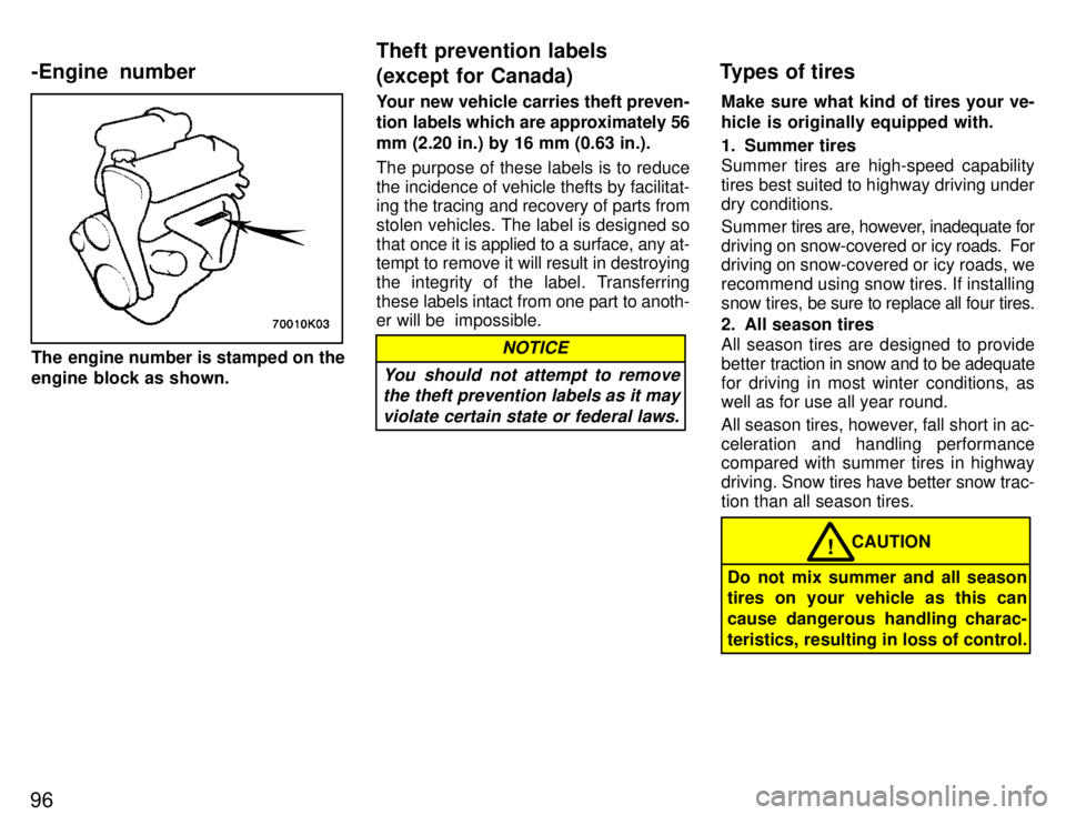 TOYOTA PASEO 1996  Owners Manual 96
The engine number is stamped on the 
engine block as shown.Your new vehicle carries theft preven-
tion labels which are approximately 56 mm (2.20 in.) by 16 mm (0.63 in.). The purpose of these labe