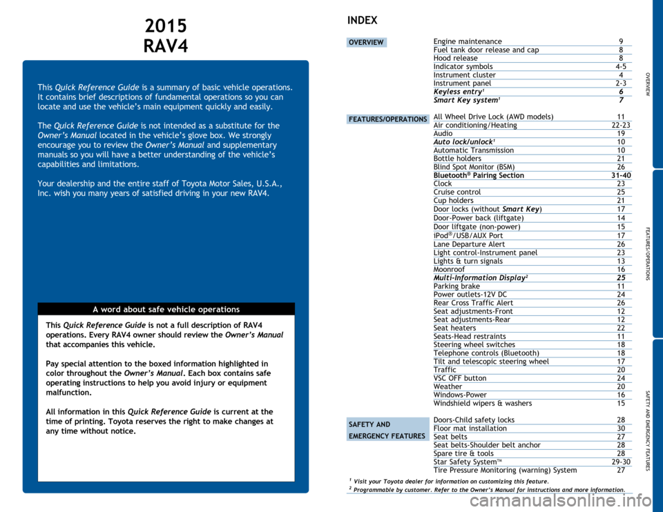 TOYOTA RAV4 2015 XA40 / 4.G Quick Reference Guide OVERVIEW
FEATURES/OPERATIONS
SAFETY AND EMERGENCY FEATURES
1
This Quick Reference Guide is a summary of basic vehicle operations. 
It contains brief descriptions of fundamental operations so you can 
