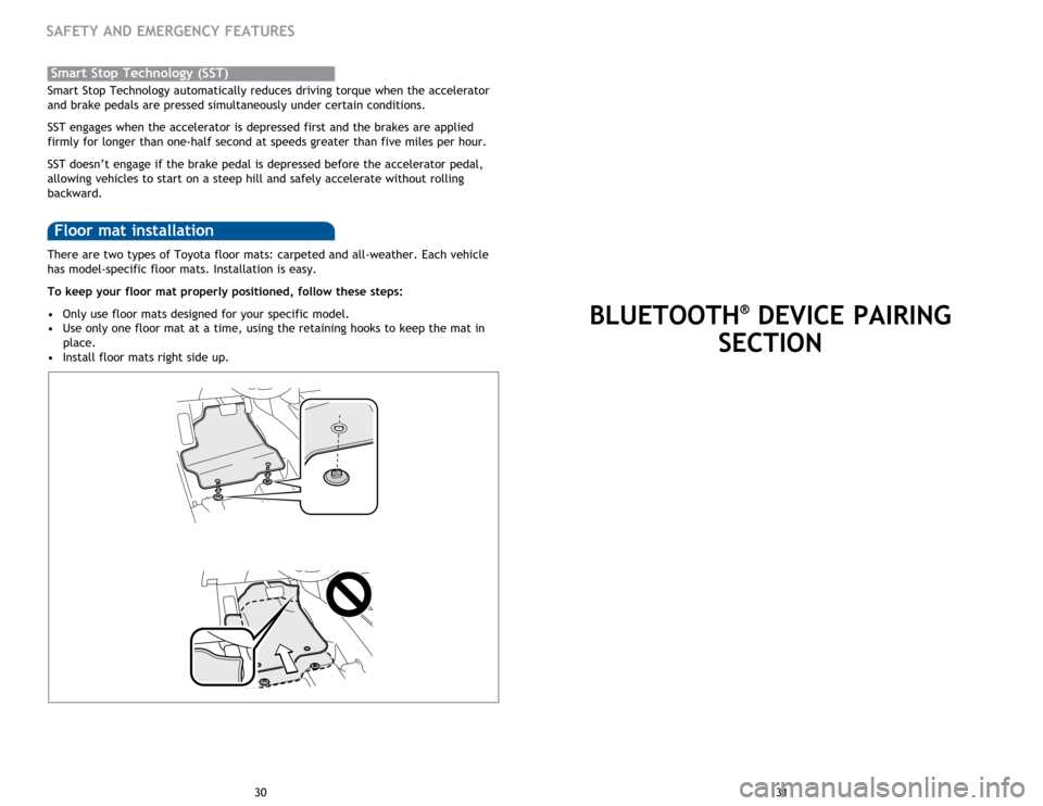 TOYOTA RAV4 2015 XA40 / 4.G Quick Reference Guide 31
30
There are two types of Toyota floor mats: carpeted and all-weather. Each vehicle
has model-specific floor mats. Installation is easy.
To keep your floor mat properly positioned, follow these s TOYOTA RAV4 2015 XA40 / 4.G Quick Reference Guide 31
30
There are two types of Toyota floor mats: carpeted and all-weather. Each vehicle
has model-specific floor mats. Installation is easy.
To keep your floor mat properly positioned, follow these s