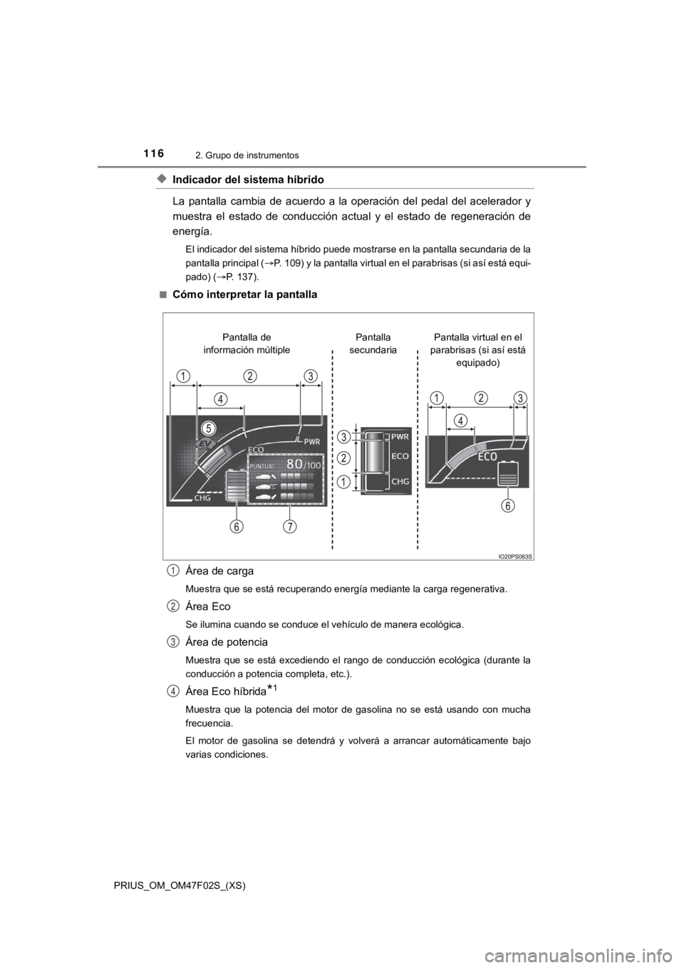TOYOTA PRIUS 2022  Manual del propietario (in Spanish) 116
PRIUS_OM_OM47F02S_(XS)
2. Grupo de instrumentos
◆Indicador del sistema híbrido
La  pantalla  cambia  de  acuerdo  a  la  operación  del  pedal  del  acelerador  y
muestra  el  estado  de  cond