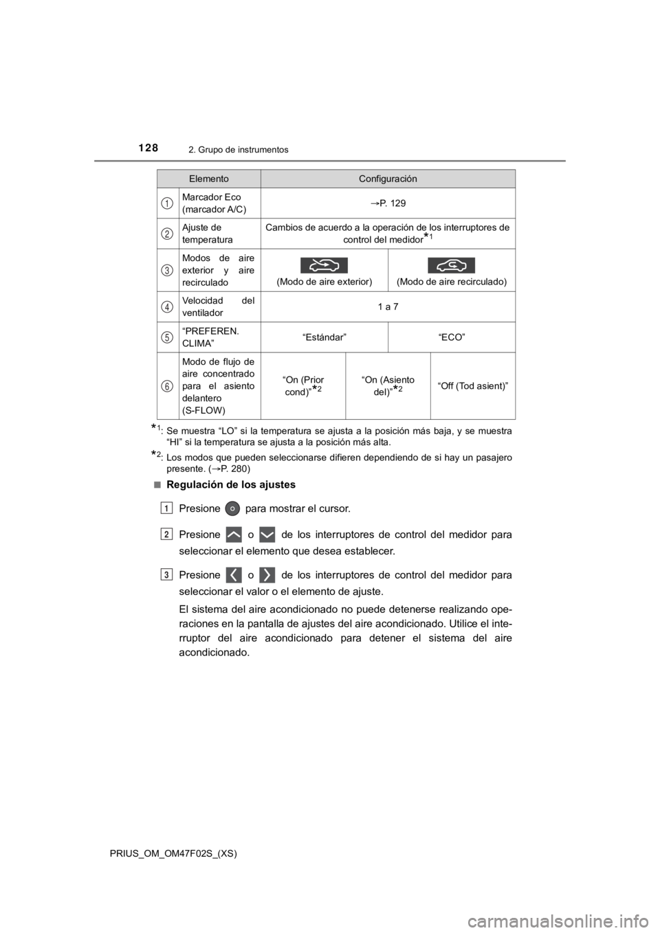 TOYOTA PRIUS 2022  Manual del propietario (in Spanish) 128
PRIUS_OM_OM47F02S_(XS)
2. Grupo de instrumentos
*1: Se  muestra  “LO”  si  la  temperatura  se  ajusta  a  la  posición  más baja,  y  se  muestra
“HI” si la temperatura se ajusta a la p