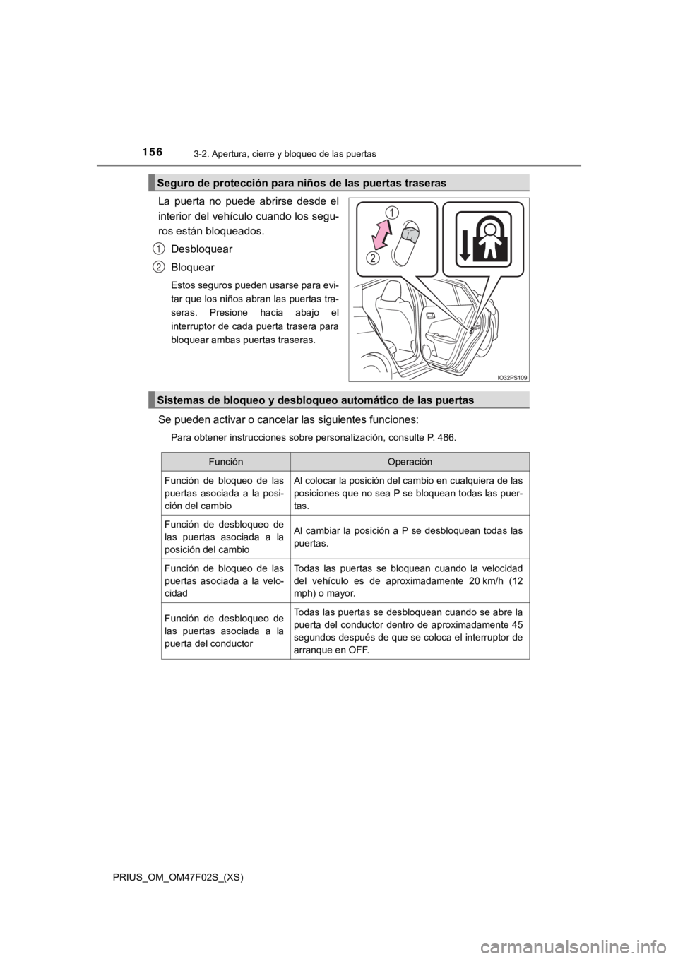 TOYOTA PRIUS 2022  Manual del propietario (in Spanish) 156
PRIUS_OM_OM47F02S_(XS)
3-2. Apertura, cierre y bloqueo de las puertas
La  puerta  no  puede  abrirse  desde  el
interior del vehículo cuando los segu-
ros están bloqueados.Desbloquear
Bloquear
E