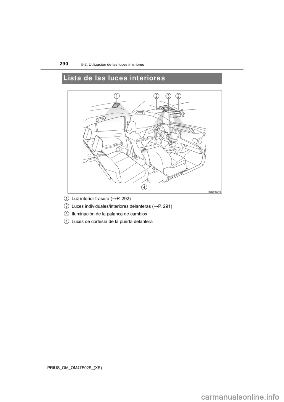 TOYOTA PRIUS 2022  Manual del propietario (in Spanish) 290
PRIUS_OM_OM47F02S_(XS)
5-2. Utilización de las luces interiores
Lista de las luces interiores
Luz interior trasera ( P. 292)
Luces individuales/interiores delanteras ( P. 291)
Iluminación 